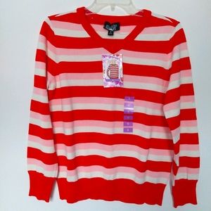 Feeling Festive V Neck Striped Cotton Sweater Women's Small Pink White Red